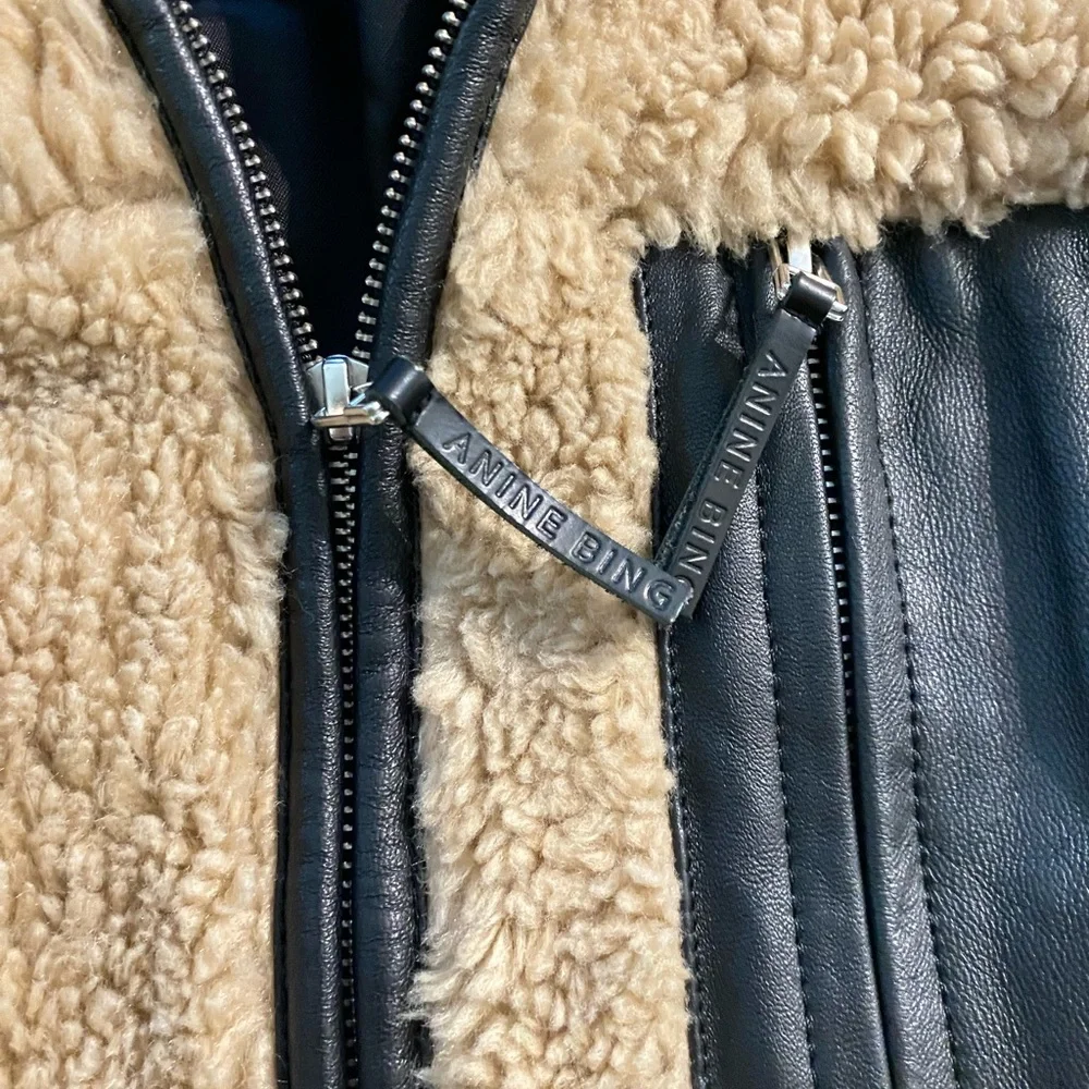 Anine Bing Ryder Jacket Sherpa Women's Med Tan Black Full Zip Pockets‎